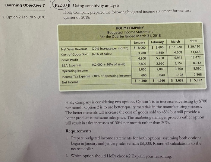  Learning Objective 7 P22-55B Using sensitivity analysis Holly Company prepared the