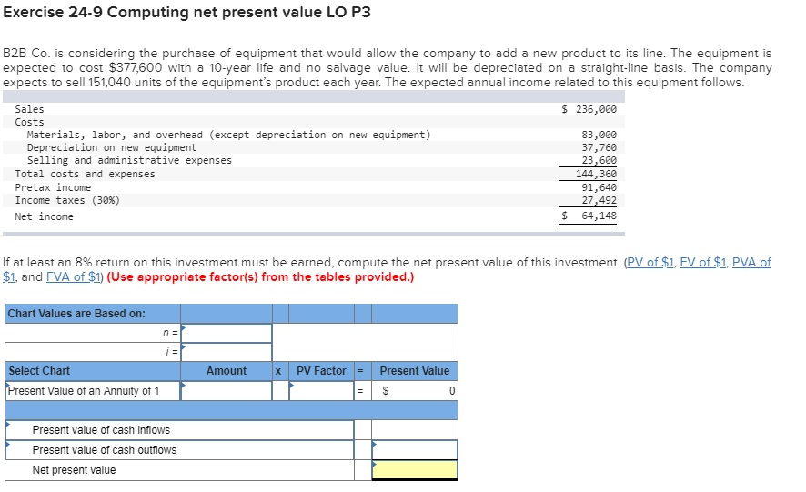  Exercise 24-9 Computing net present value LO P3 B2B Co. is