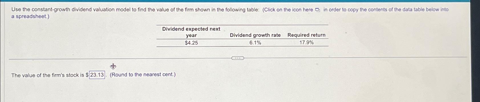  a spreadsheet.) \table[[\table[[Dividend expected next],[year]],Dividend growth rate,Required return],[$4.25,6.1%,17.9% 