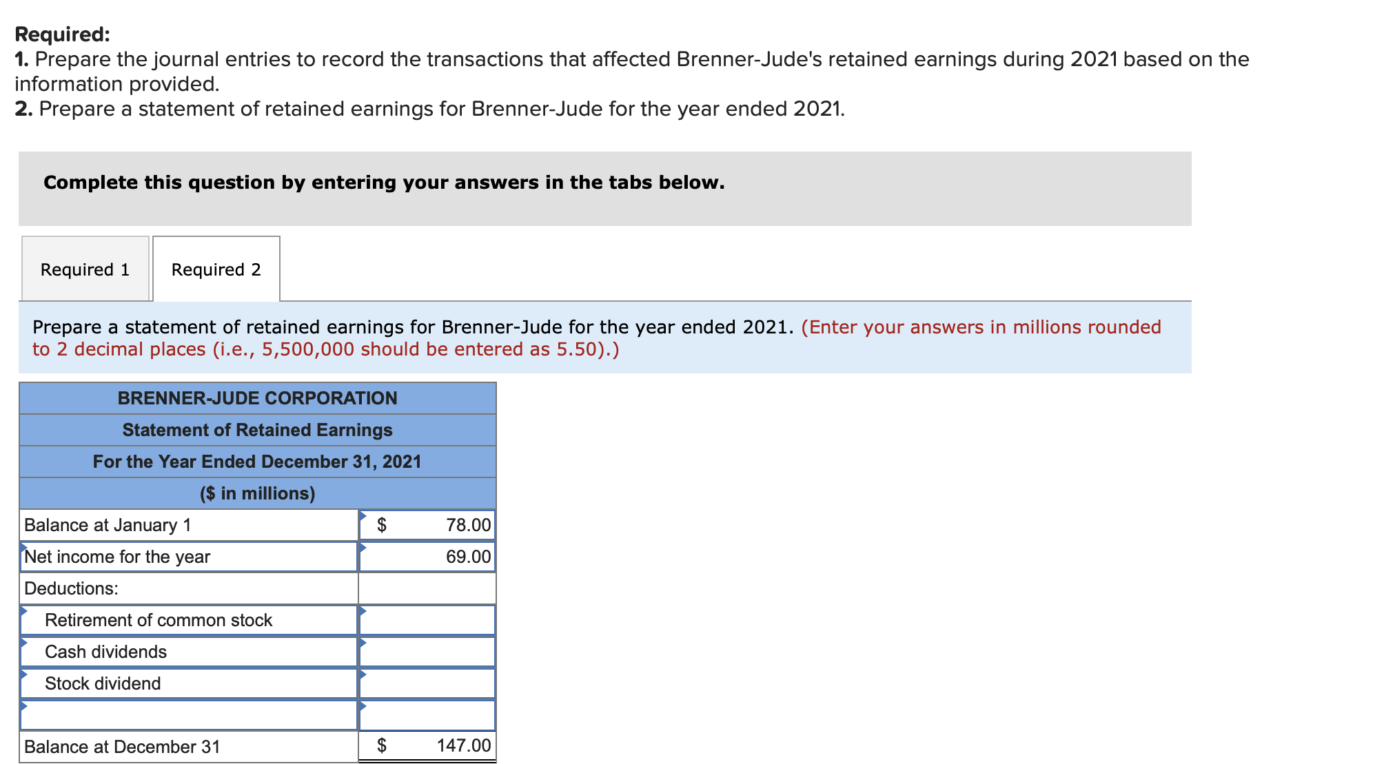 statement of retained earnings for Brenner-Jude for the year ended 2021. Complete