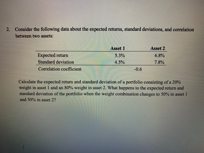  2. Consider the following data about the expected returns, standard deviations,