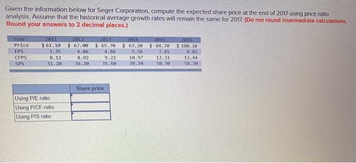 Given the information below for Seger Corporation, compute the expected share