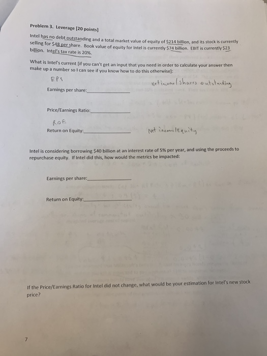  Problem 3. Leverage (20 points) Intel has no debt outstanding and