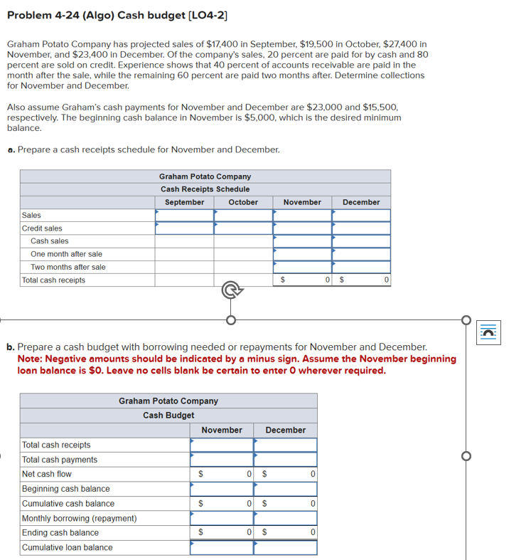  Problem 4-24(Algo) Cash budget [LO4-2] Graham Potato Company has projected sales