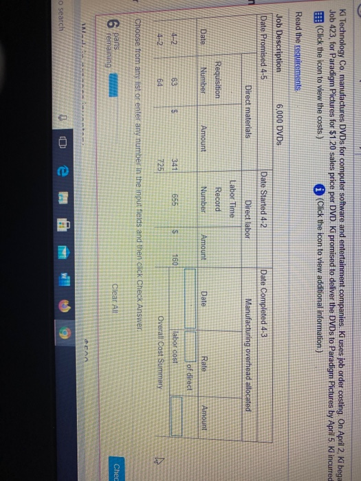 Ki uses job order costing. On April 2, ki bega Job 423,
