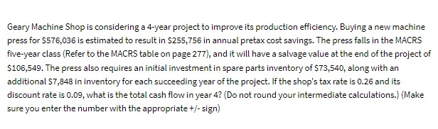  Geary Machine Shop is considering a 4-year project to improve its