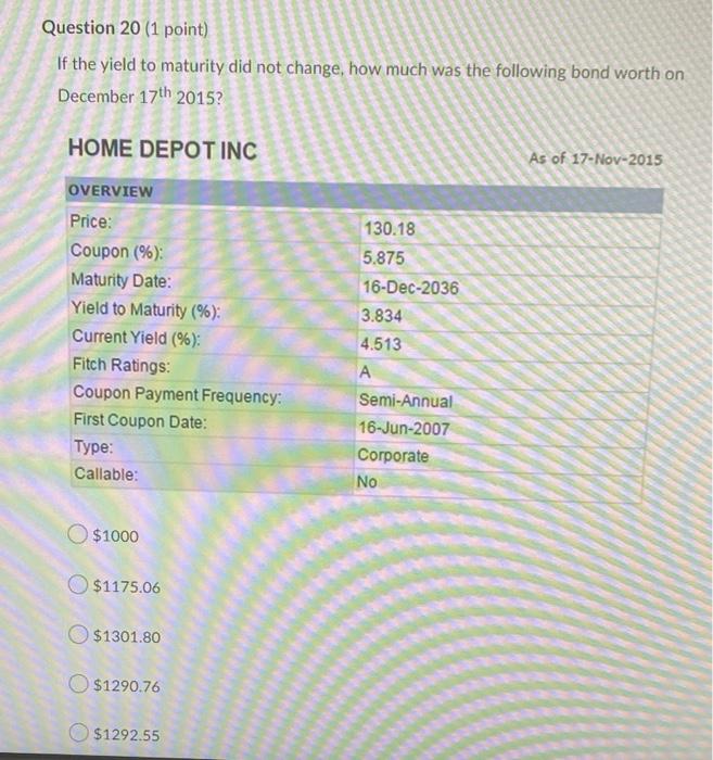  Question 20 (1 point) If the yield to maturity did not