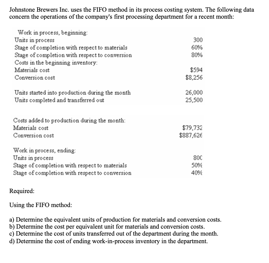 Johnstone Brewers Inc. uses the FIFO method in its process costing