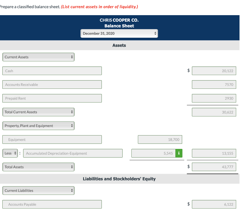 $20,122 Accounts Receivable 7,570 Prepaid Rent 2,930 Equipment 18,700 Accumulated Depreciation-Equipment $5,545