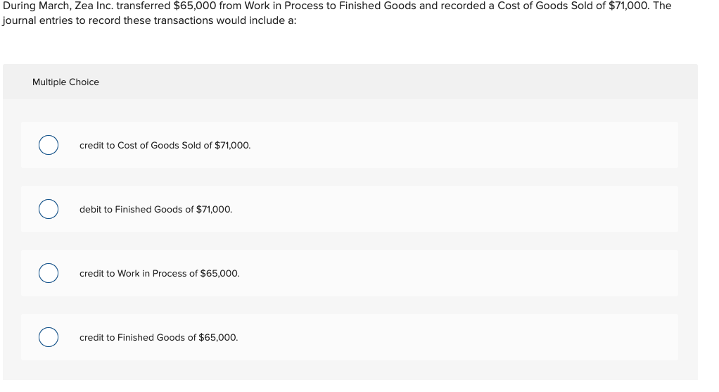 During March, Zea Inc. transferred $65,000 from Work in Process to Finished