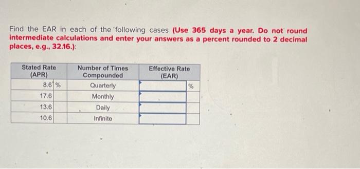 please help ! thank you Find the EAR in each of the