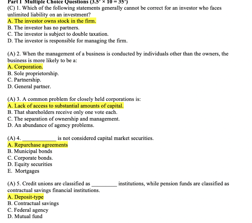  Part I Multiple Choice Questions (3.5' 10 = 35') (C) 1.