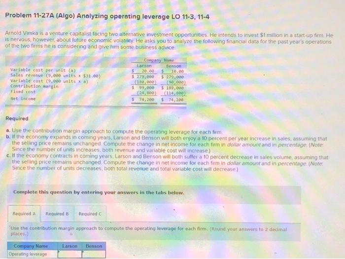  Problem 11-27A (Algo) Analyzing operating leverage LO 11-3, 11-4 Arnold Vimka