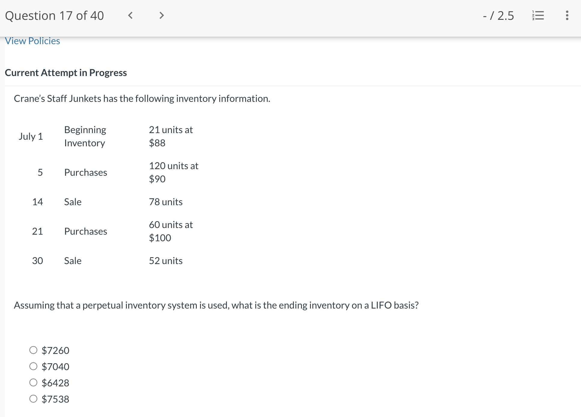Current Attempt in Progress Crane's Staff Junkets has the following inventory