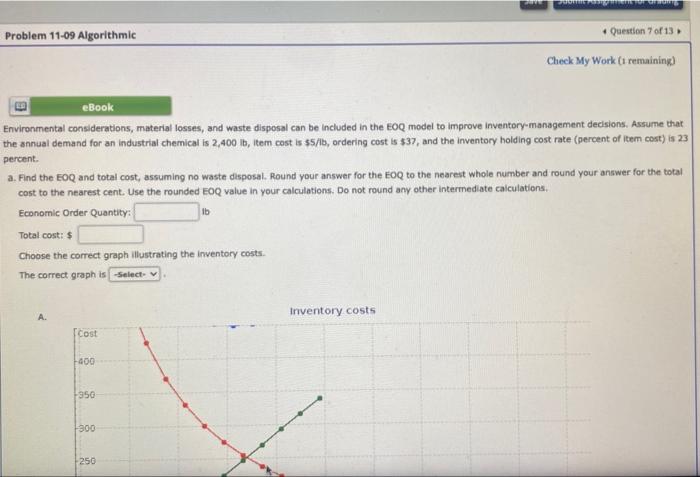  Problem 11-09 Algorithmic Question 7 of 13 Check My Work (1