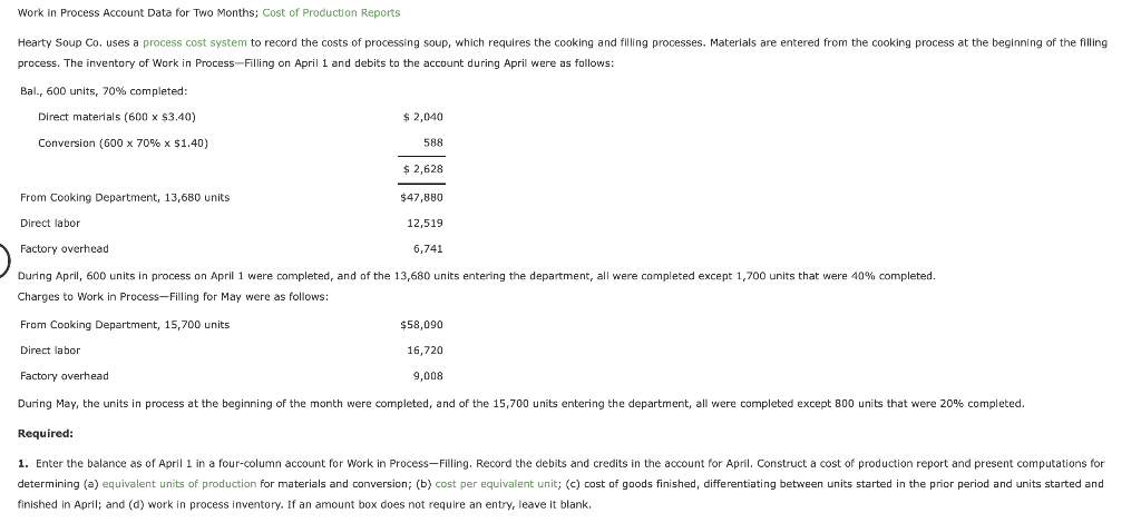 Work in Process Account Data for Two Months; Cost of Production