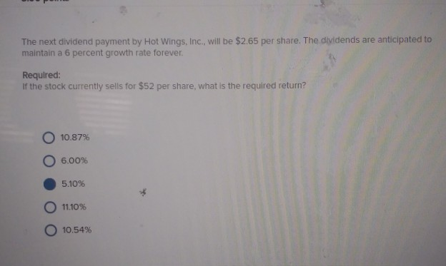 The next dividend payment by Hot Wings, Inc., will be $2.65