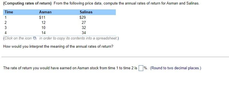  (Computing rates of return) From the following price data, compute the