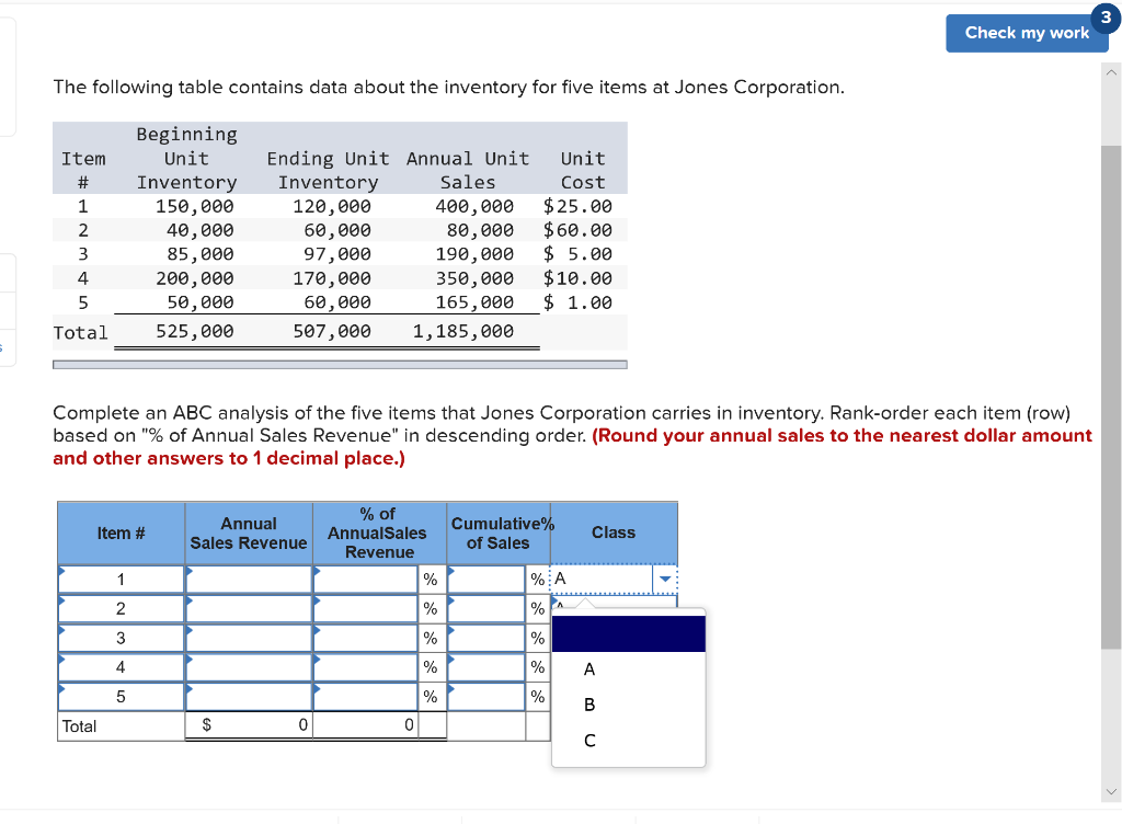 for five items at Jones Corporation. Item # nm + in Beginning