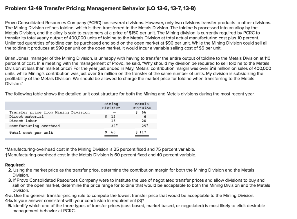 Problem 13-49 Transfer Pricing; Management Behavior (LO 13-6, 13-7, 13-8) Provo