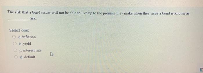  The risk that a bond issuer will not be able to