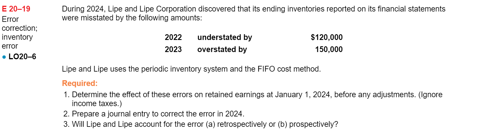  E 20-19 Error correction; inventory error During 2024, Lipe and Lipe