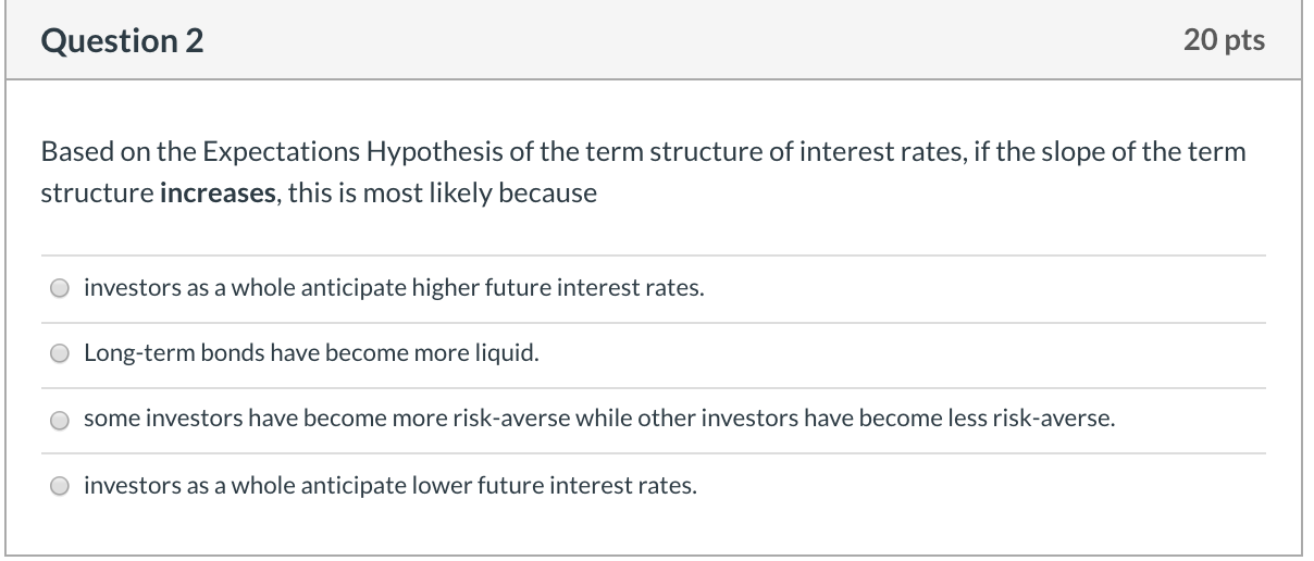 please answer Question 2 20 pts Based on the Expectations Hypothesis of