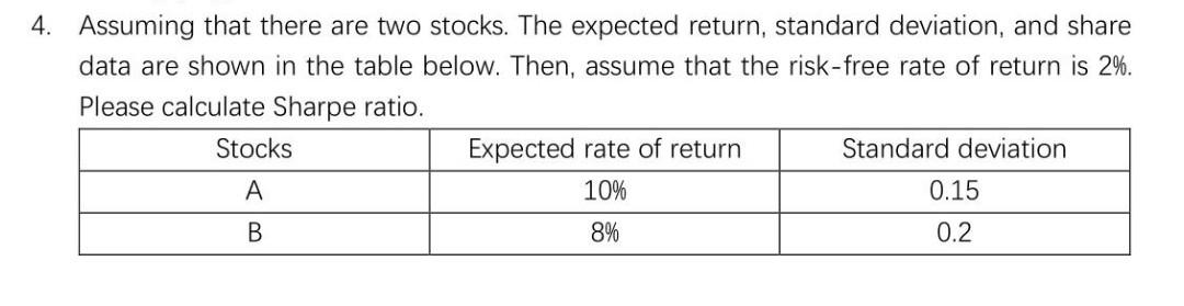  4. Assuming that there are two stocks. The expected return, standard