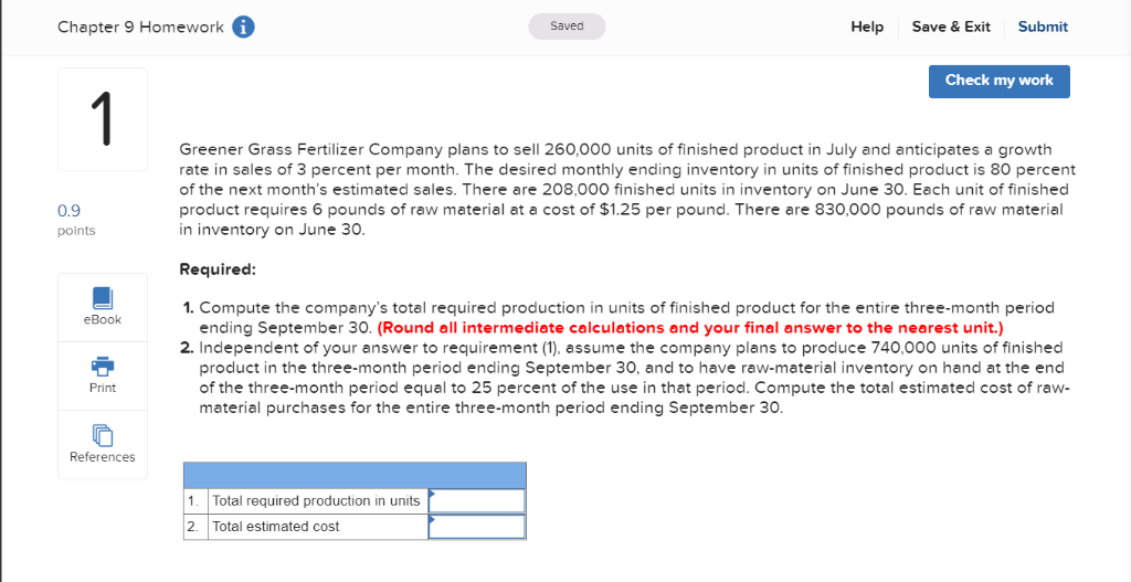  Chapter 9 Homework Saved Help Save & Exit Submit Check my