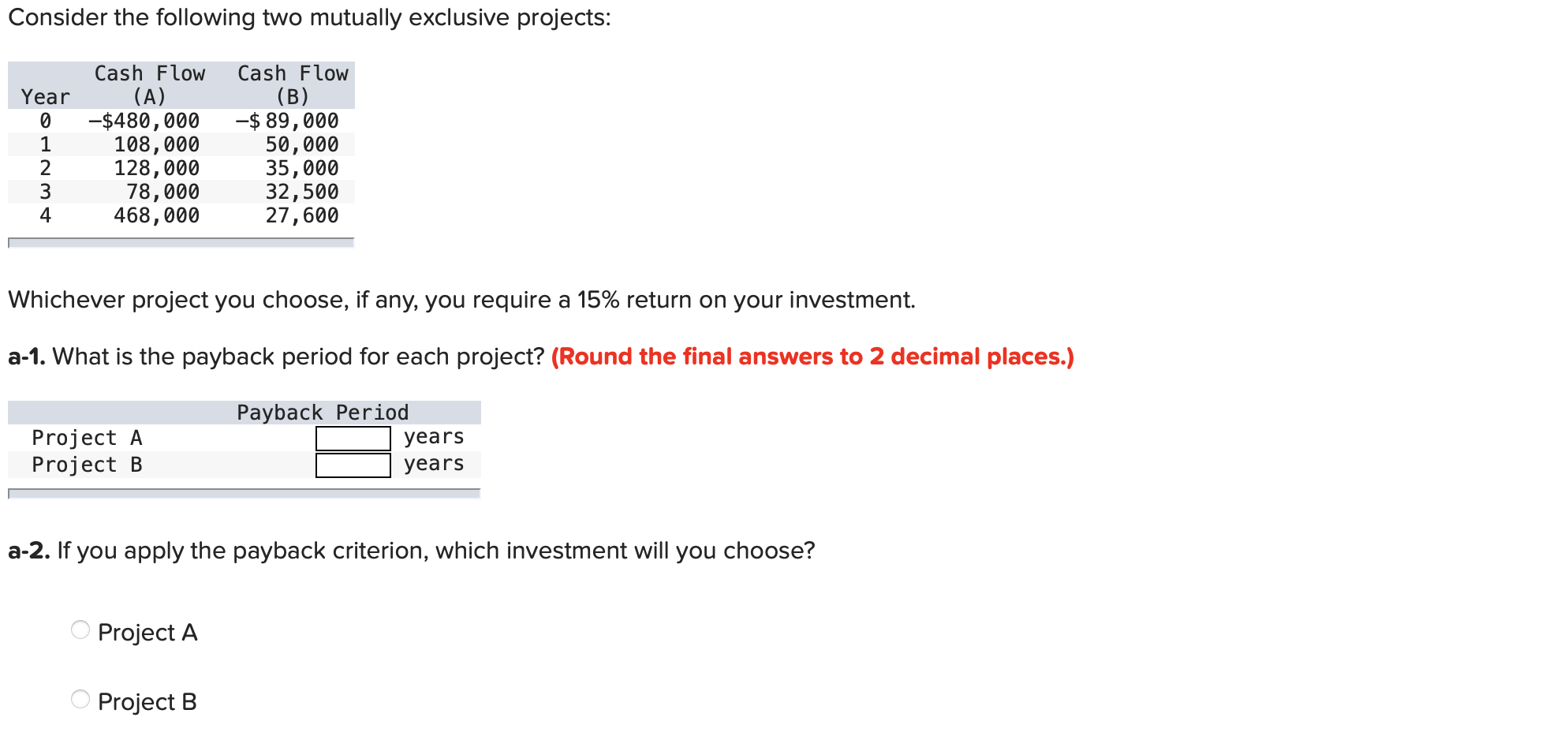 Consider the following two mutually exclusive projects: Year 0 1 2