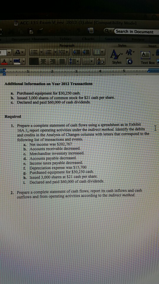 2012 Transactions a. Purchased equipment for $30,250 cash. b. Issued 3,000 shares