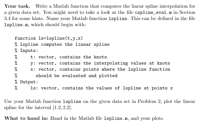 Write a Matlab function that computes the linear spline interpolation for a
