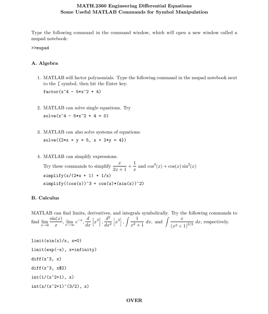 MATH.2360 Engineering Differential Equations Some Useful MATLAB Commands for Symbol Manipulation