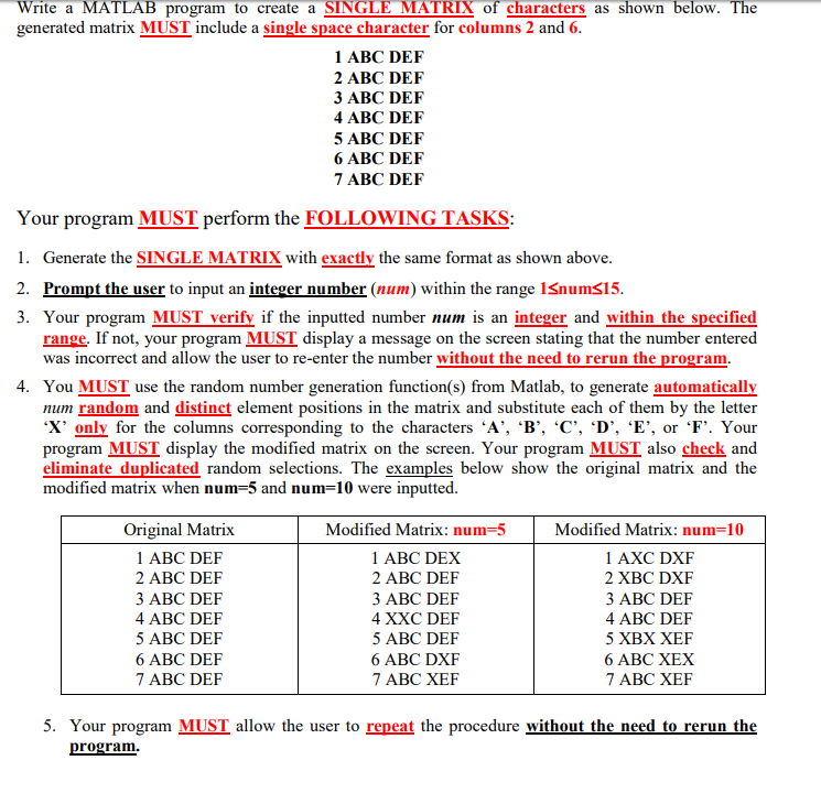  Write a MATLAB program to create a SINGLE MATRIX of characters