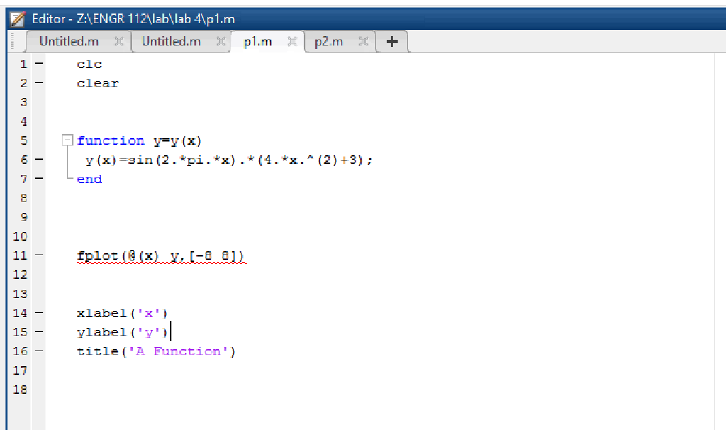 a function file that calculates y(x) = sin(2 (4x2 + 3 ).