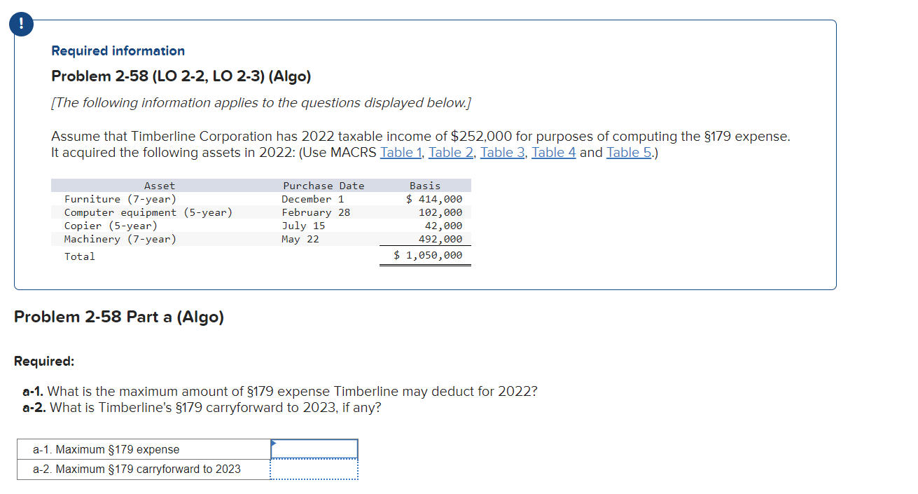  Required information Problem 2-58 (LO 2-2, LO 2-3) (Algo) [The following