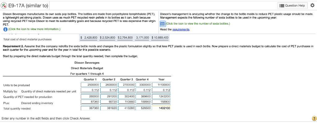 work pls W E9-17A (similar to) Question Help Dixson Beverages manufactures its