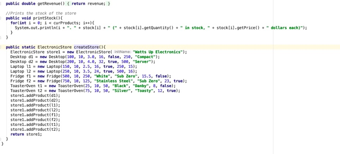 store public void printstock) for(int i ; 1 curProducts; i++) System.out.println(tckli] "stock