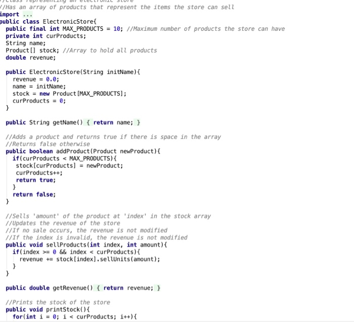 [i].getQuantity) in stock,stock).getPricedollars each)) public static Electronicstore createStore) Electronicstore storel new Electronicstore(