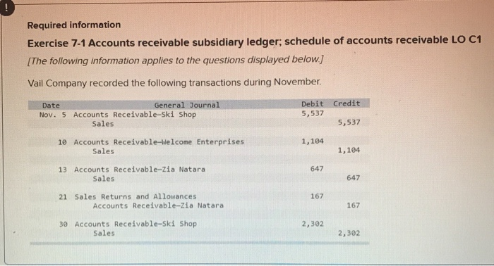  second part Required information Exercise 7-1 Accounts receivable subsidiary ledger; schedule