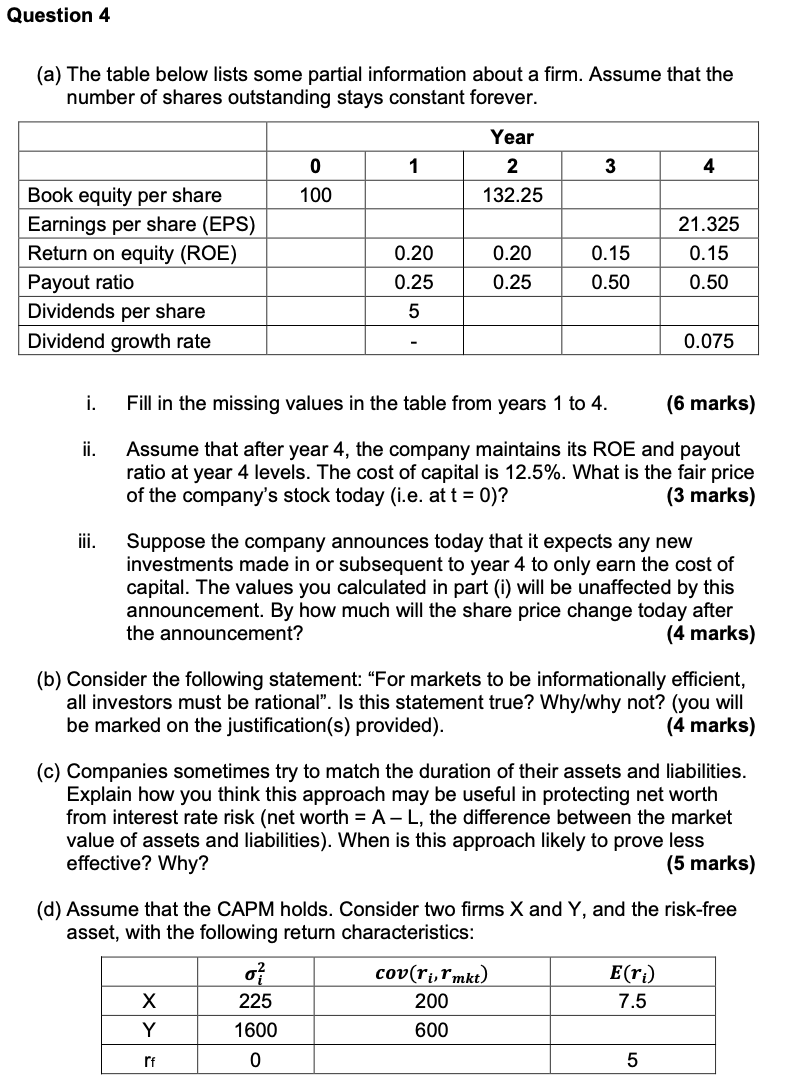  Question 4 (a) The table below lists some partial information about