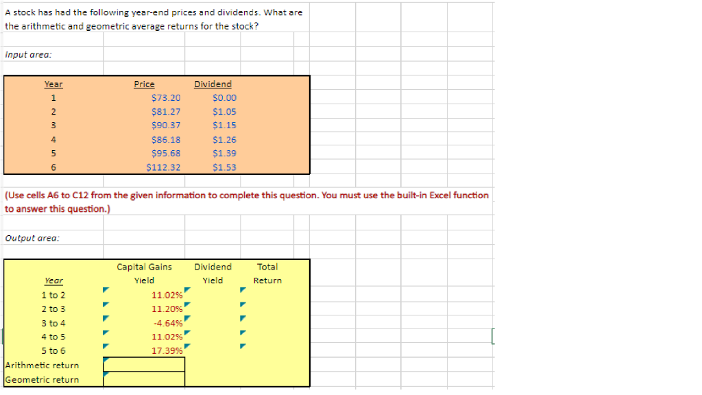 Needs to include excel formulas A stock has had the following year-end