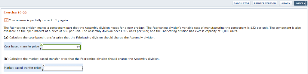  NEX 1 CALCULATOR PRINTER VERSION BACK Exercise 10-22 Your answer is
