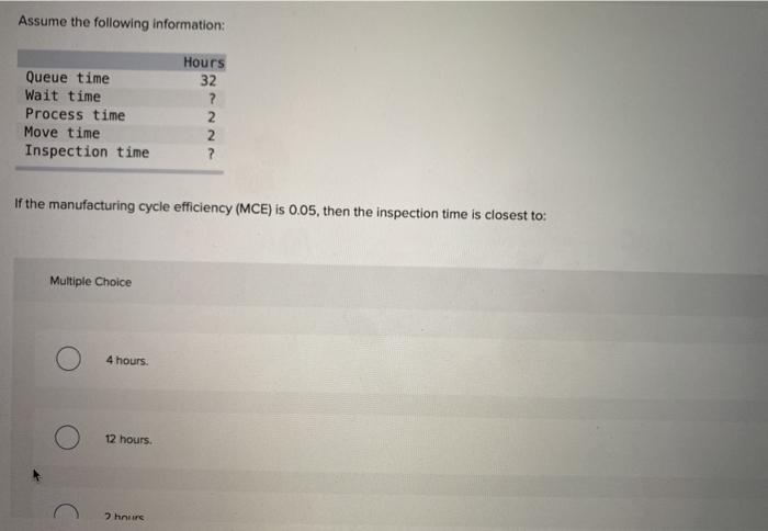  Assume the following information: Queue time Wait time Process time Move