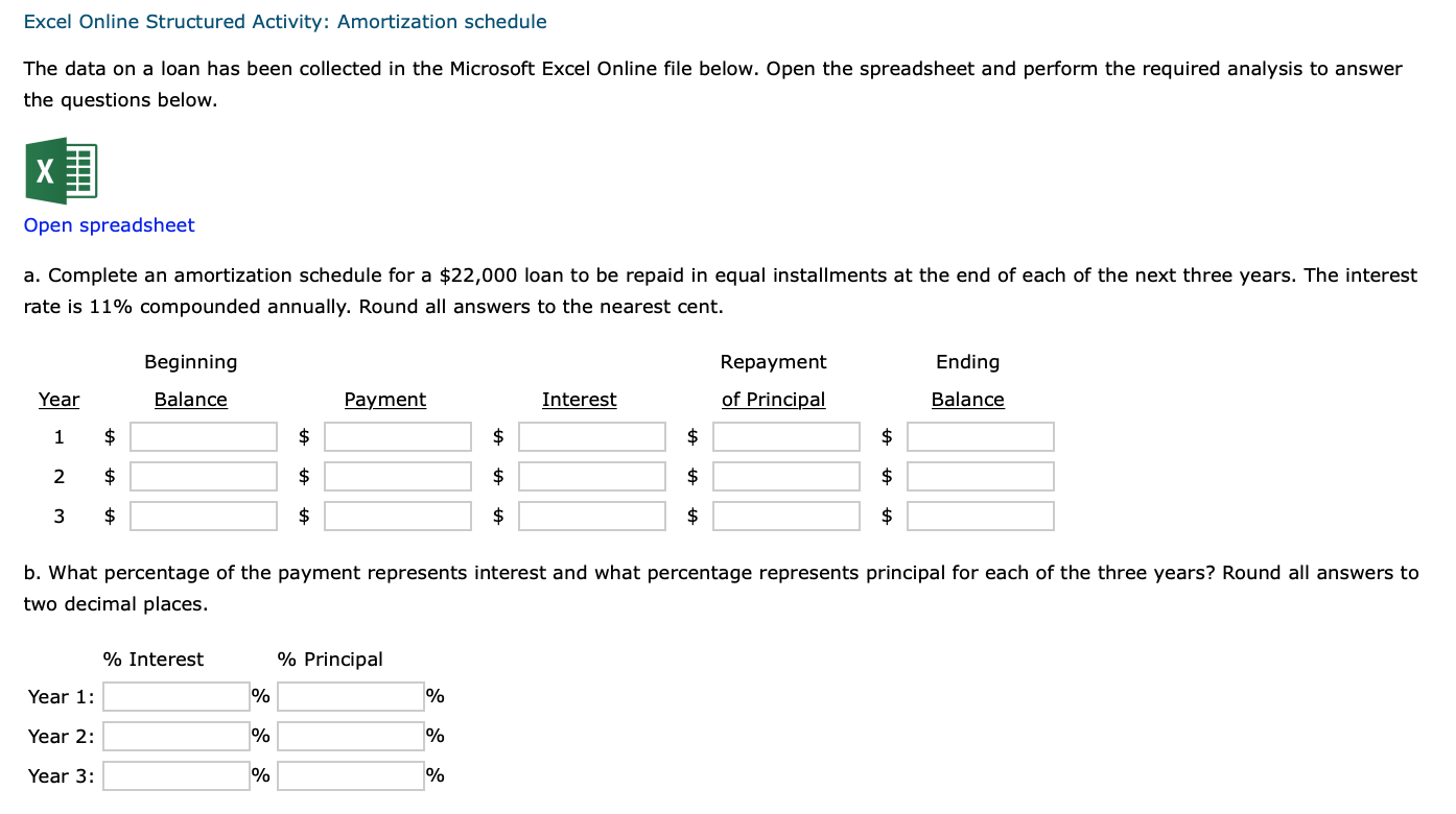  Excel Online Structured Activity: Amortization schedule The data on a loan