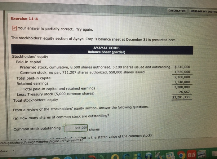  CALCULATOR MESSAGE MY INSTRu Exercise 11-4 Your answer is partially correct.