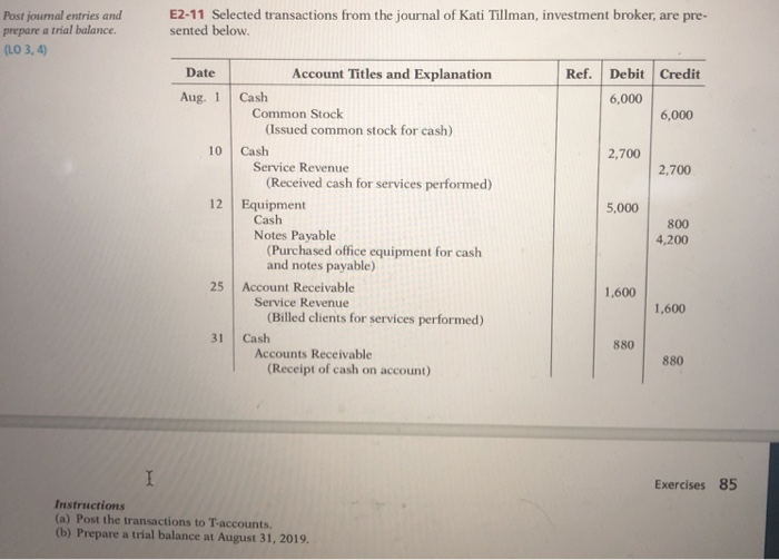  Post journal entries and prepare a trial balance E2-11 Selected transactions