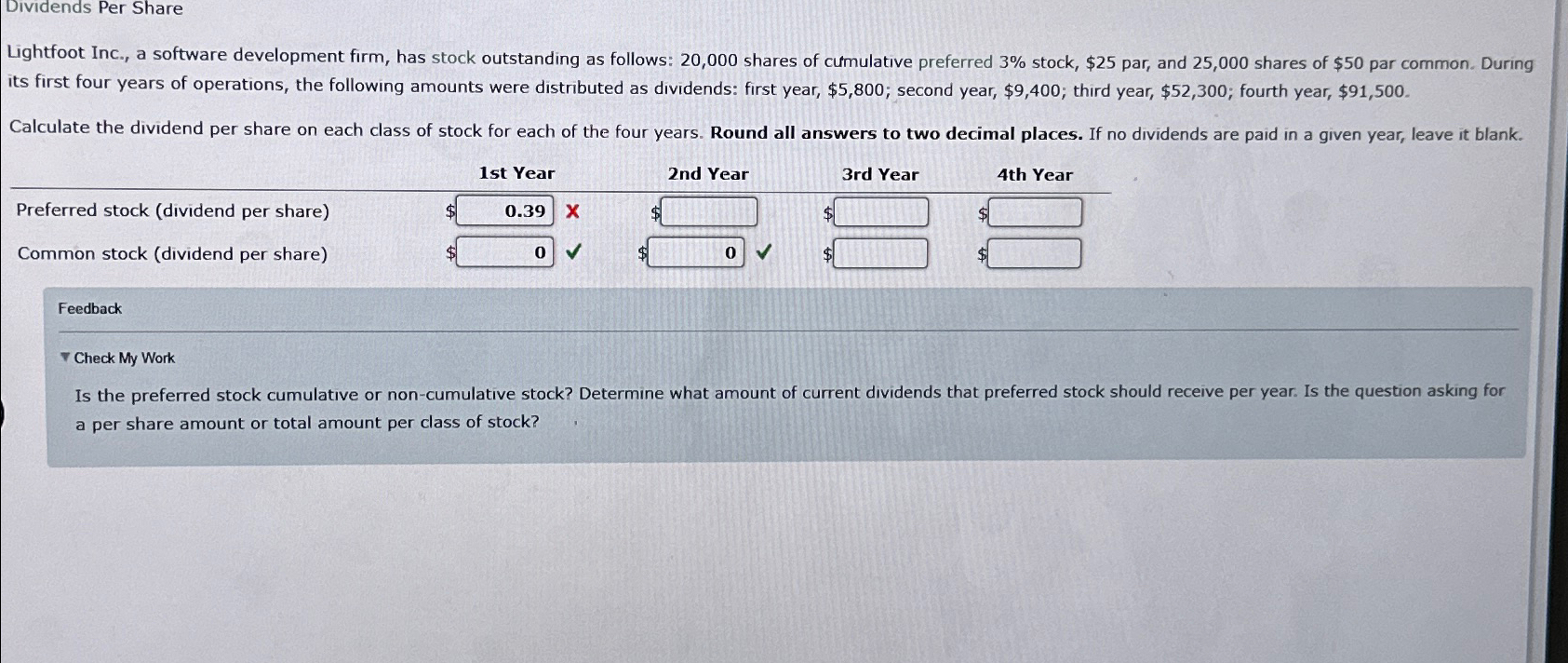  Dividends Per Share \table[[,,1st Year,2nd Year,3rd Year,],[Preferred stock (dividend per share),vdots,,$,$,4th