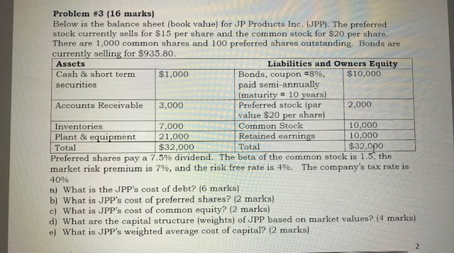  Problem #3 (16 marks) Below is the balance sheet (book value)