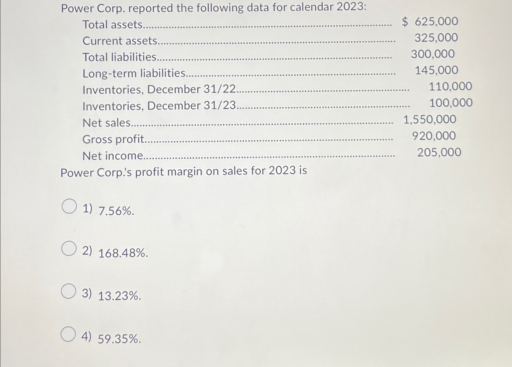  Power Corp. reported the following data for calendar 2023: \table[[Total assets...,$625,000